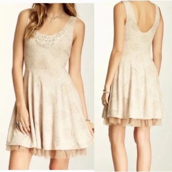 Free People Rock Princess Jacquard Fit and Flare Mini Dress Sz XS Womens Cream T - Picture 1 of 16